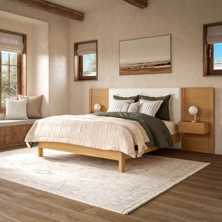 Cassie Queen Upholstered Bed with Nightstands - Oak and Ivory Chenille